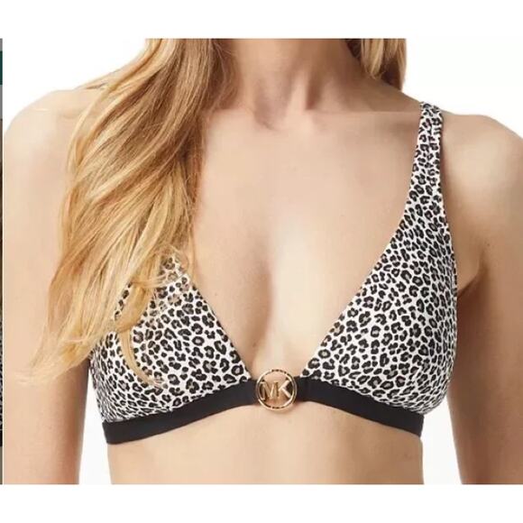 Michael Kors KHAKI LEOPARD Animal-Print Logo Triangle Bikini Top XS X-Small NWT - Picture 1 of 4